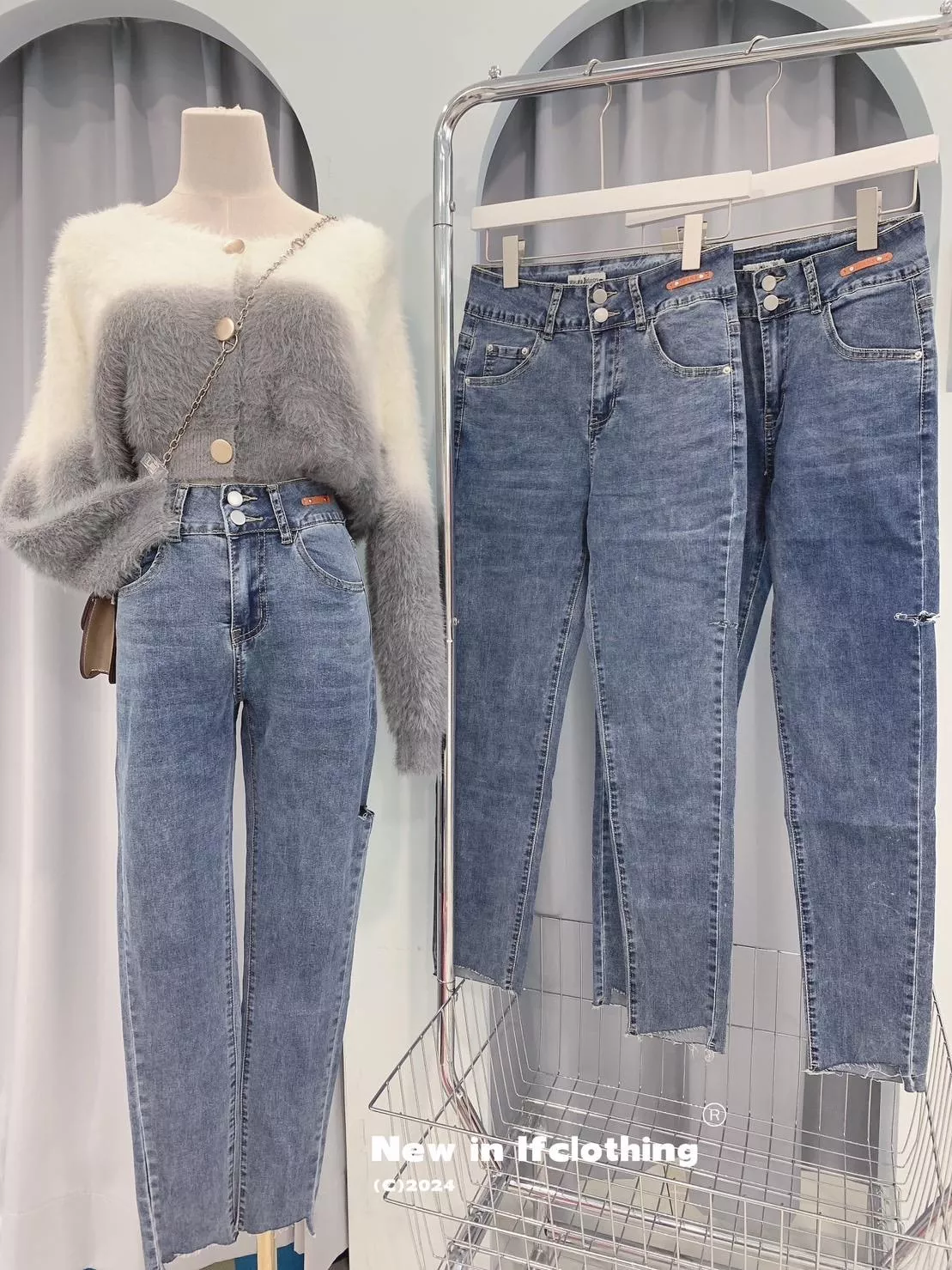 熱銷長褲🔥［S-XL］雙釦高腰皮標窄管牛仔褲