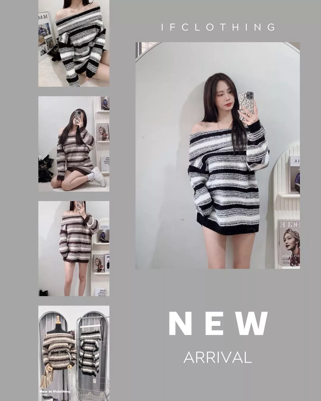 大尺碼上衣🔥條紋一字長版針織(附皮帶)