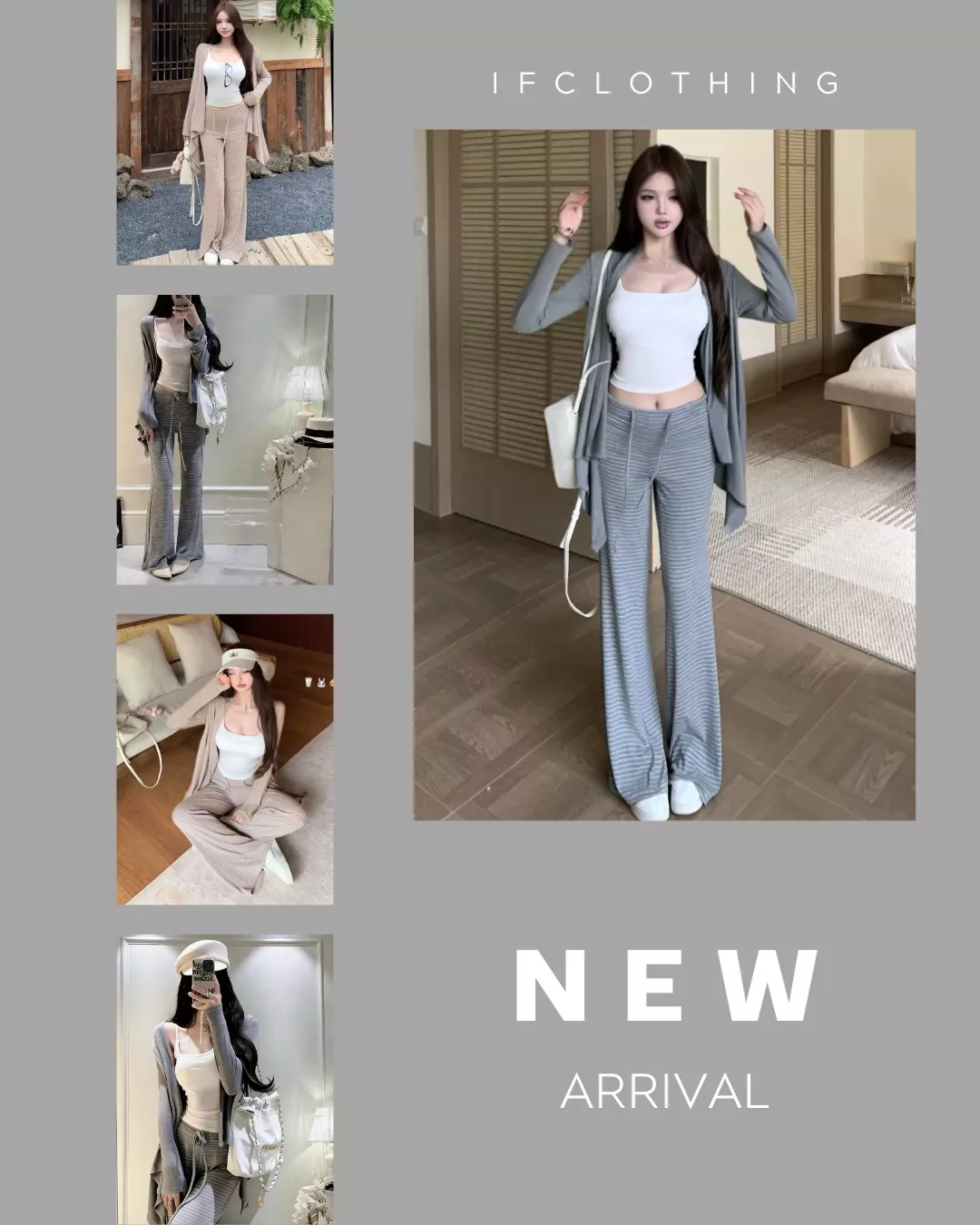 開春新品🔥不規則罩衫+背心+條紋喇叭褲套裝