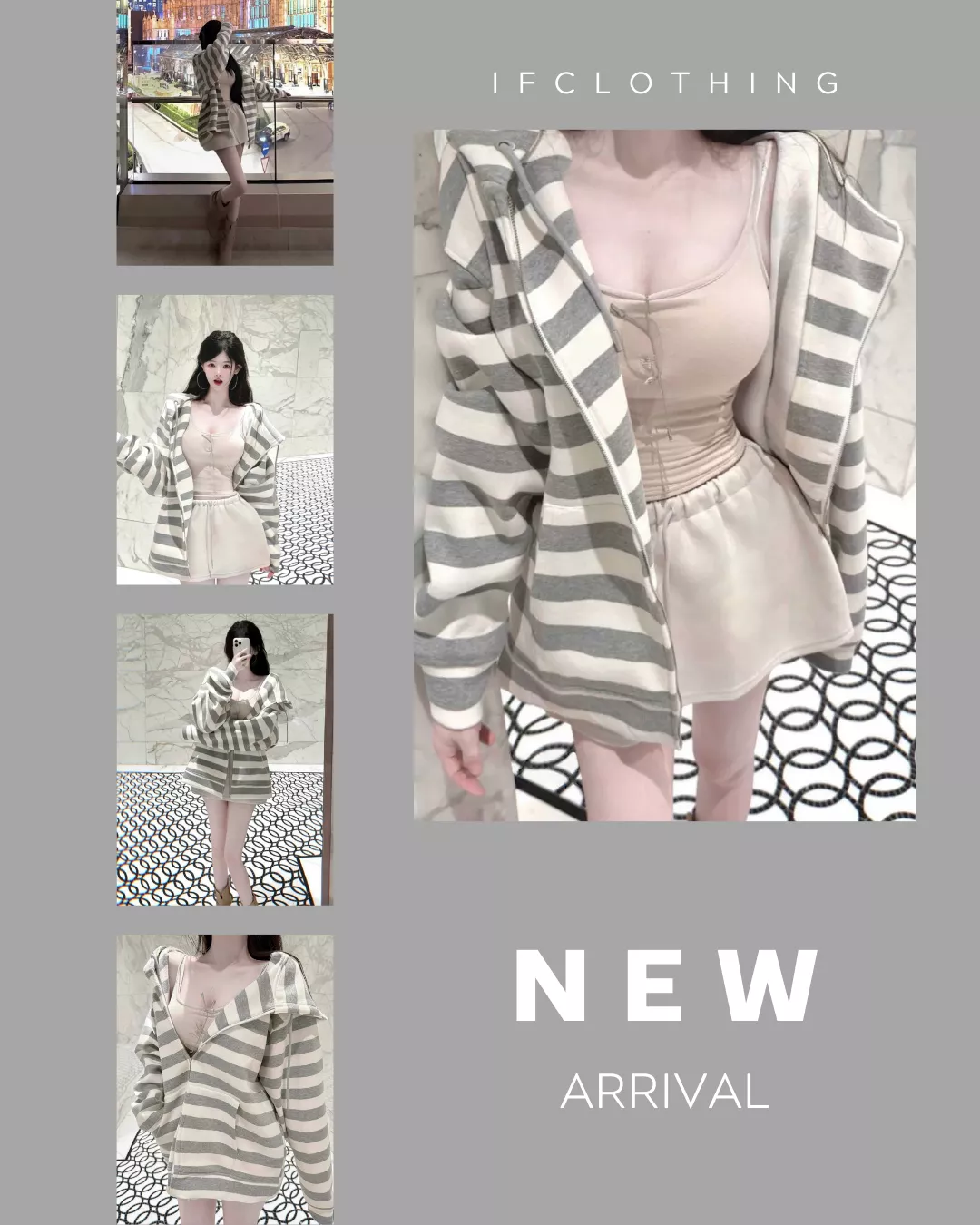 開春新品🔥條紋連帽外套+背心+抽繩短裙套裝