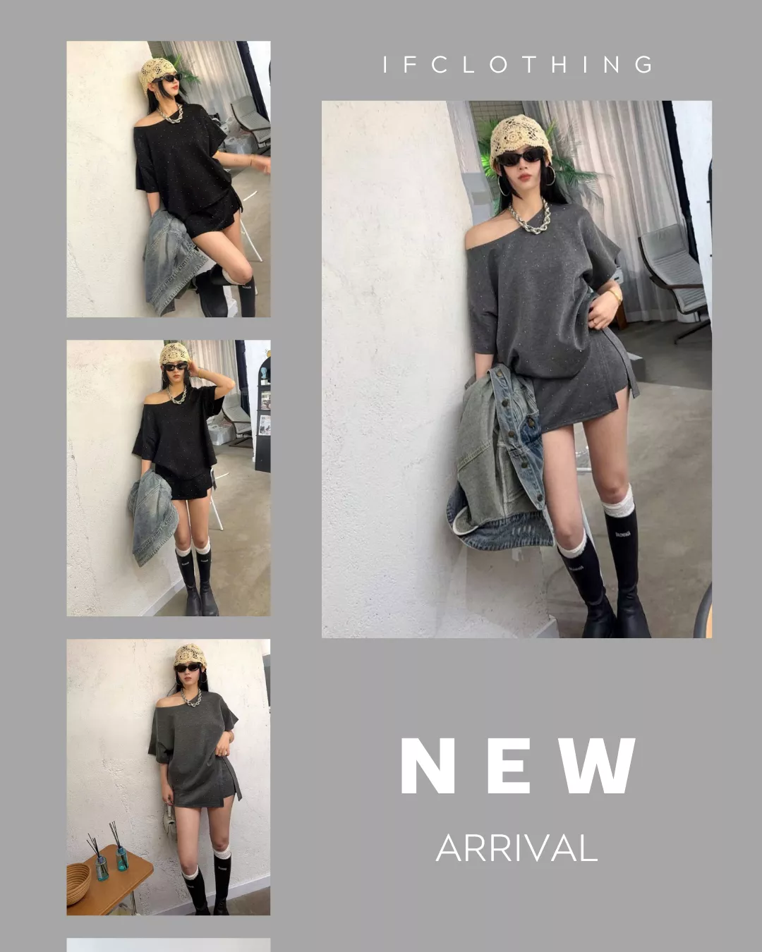 開春新品🔥燙鑽寬鬆大T+開衩褲裙套裝