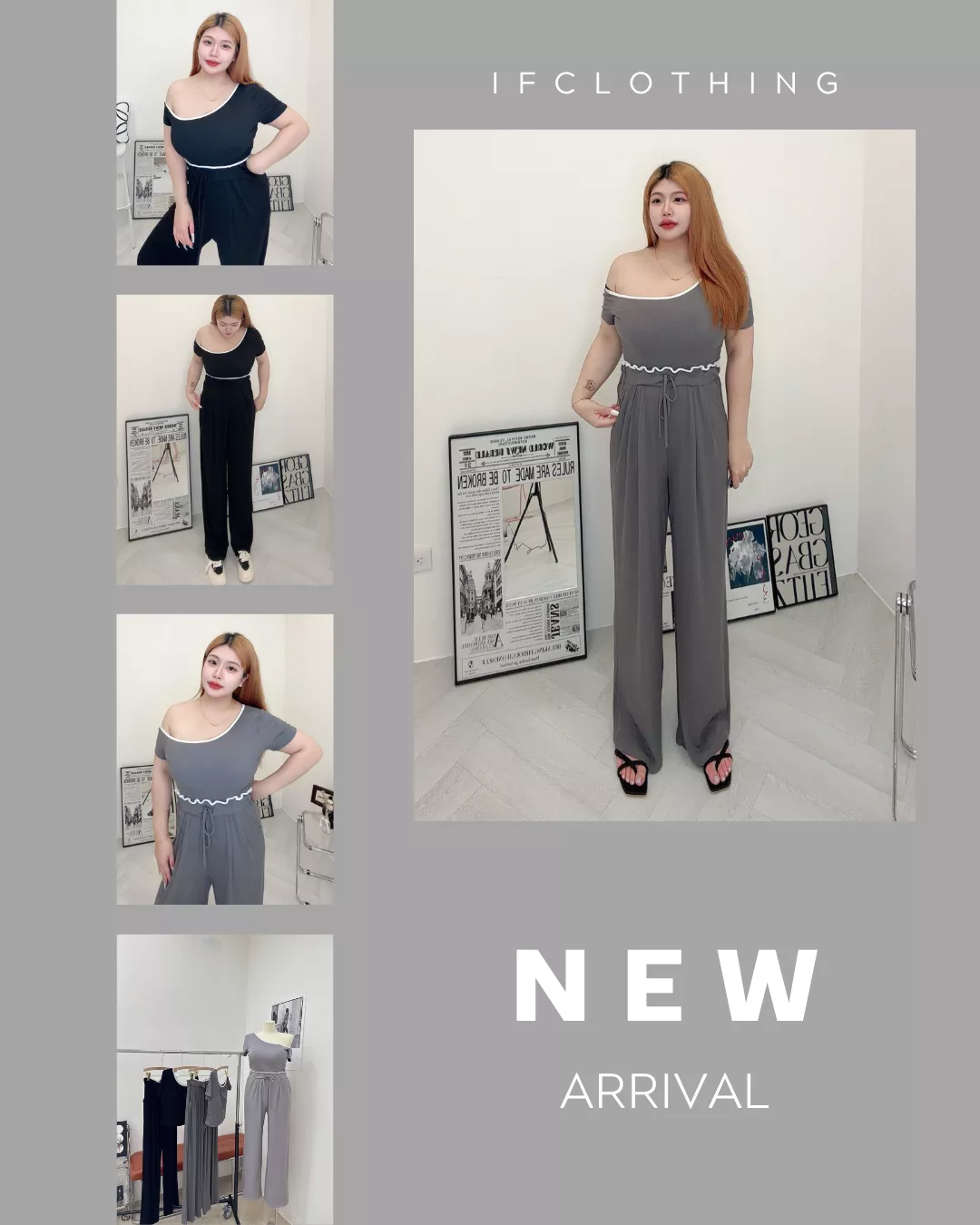 大尺碼套裝🔥斜肩側抓皺罩杯上衣+花苞寬褲set