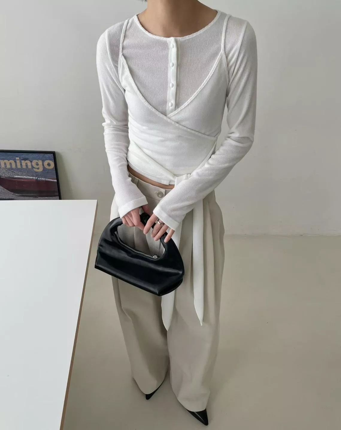 薄霧感兩件式交疊綁帶上衣