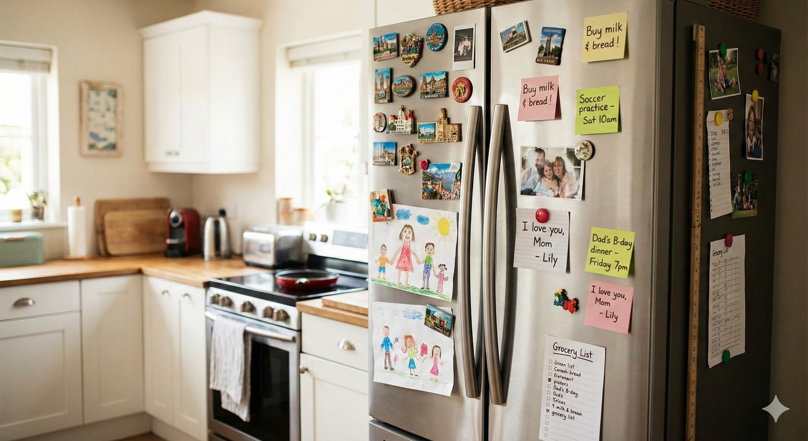 歐美家庭冰箱貼應用示意圖:固定購物清單與便條紙
