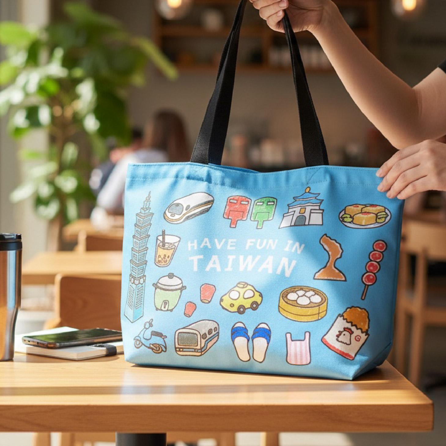 台灣知名景點帆布袋：台北101與城市風景插畫