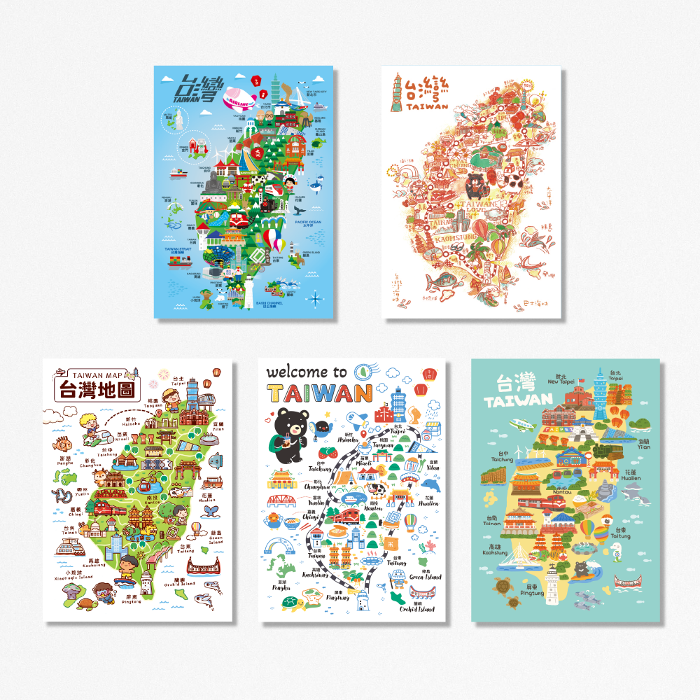 台灣全島插畫明信片組 台灣全島插畫明信片 台灣地圖明信片 台灣旅遊紀念品 送外國朋友明信片