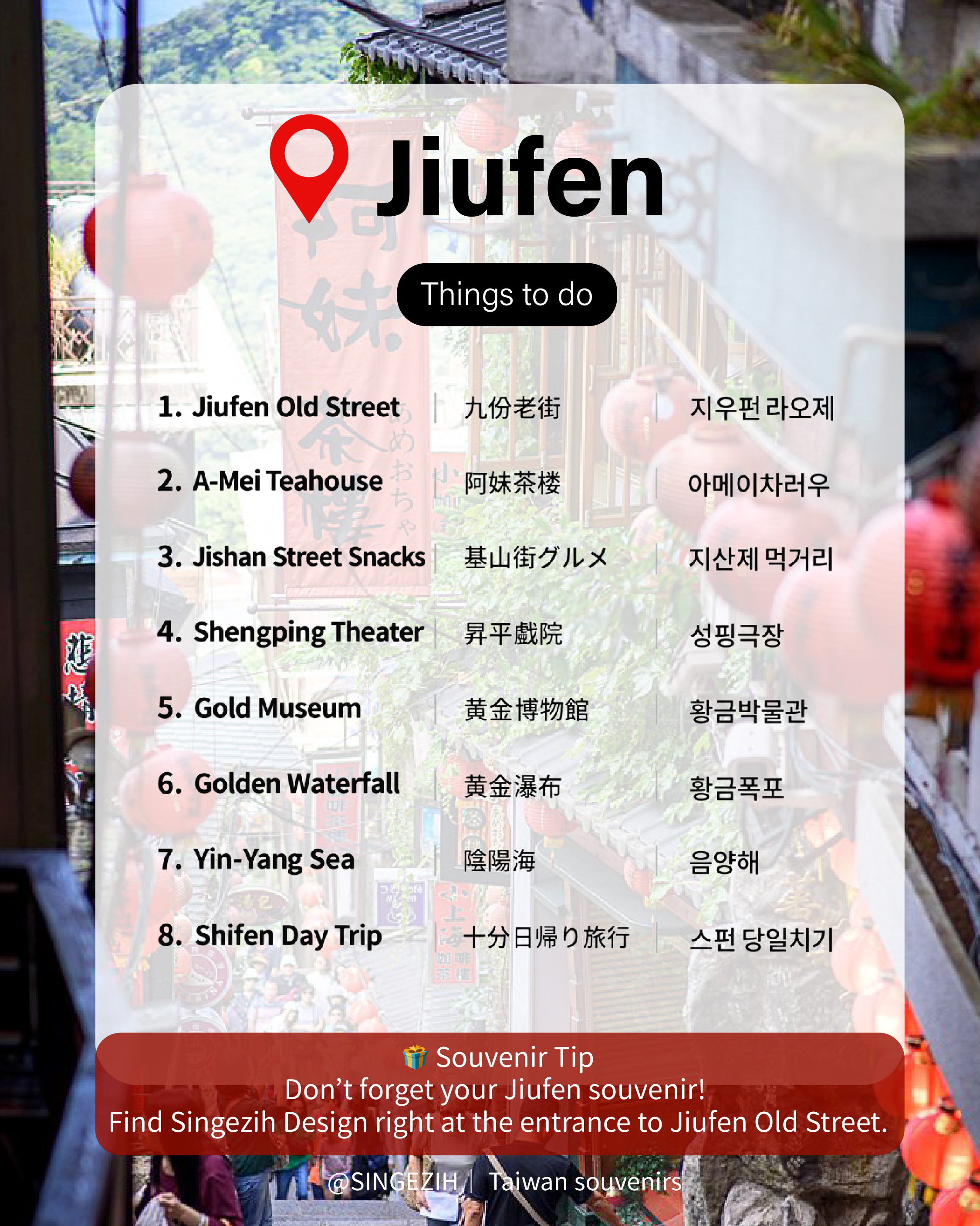 Best Things to Do in Jiufen | Top Jiufen Attractions Jiufen travel guide featuring Jiufen Old Street, A-Mei Teahouse, Jishan Street Snacks, Shengping Theater, Gold Museum, Golden Waterfall, Yin-Yang Sea and Shifen Day Trip.