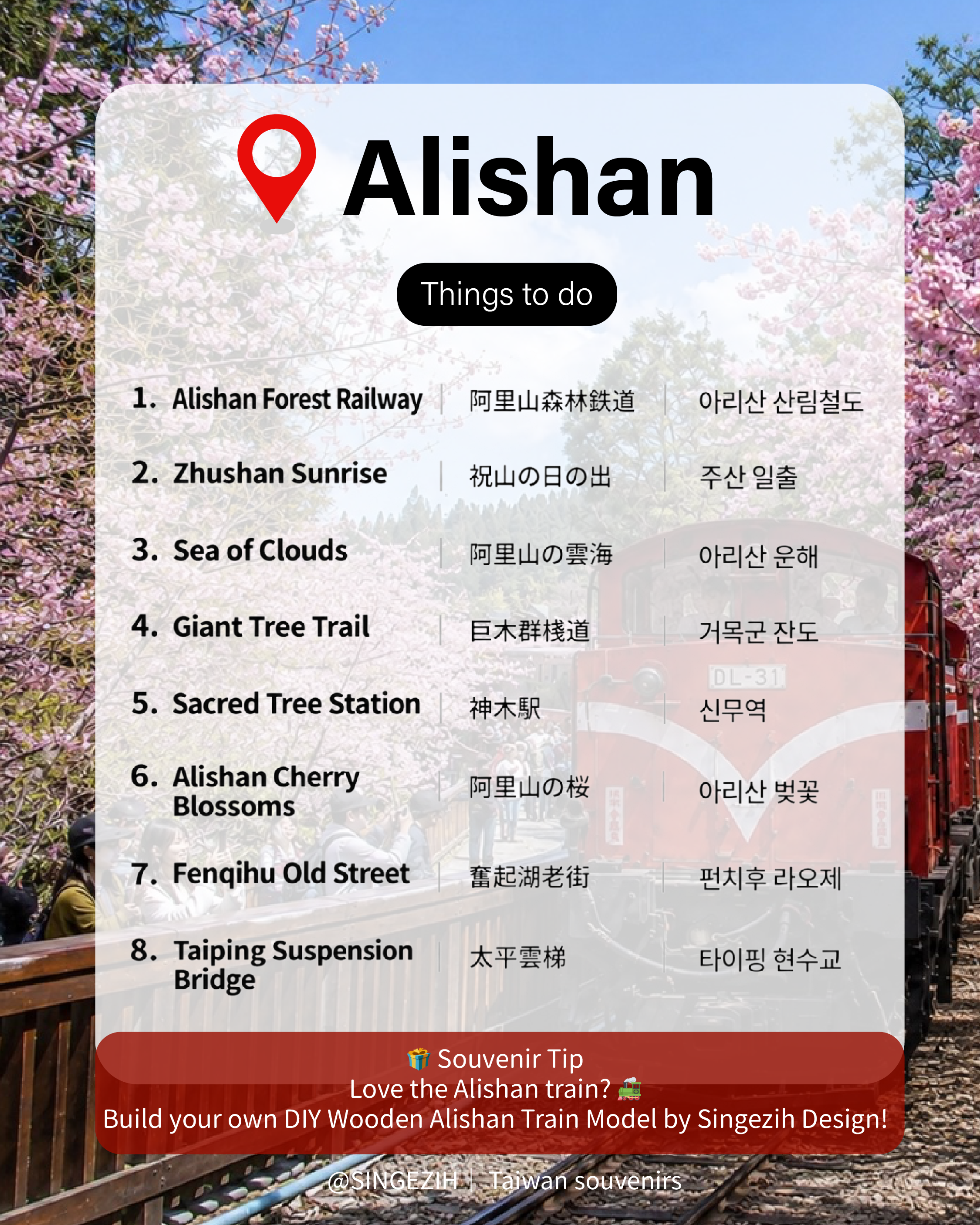 Best Things to Do in Alishan | Taiwan Travel Guide Alishan travel guide featuring the Alishan Forest Railway, Zhushan Sunrise, Sea of Clouds, Giant Tree Trail, Sacred Tree Station, cherry blossoms, Fenqihu Old Street and Taiping Suspension Bridge.