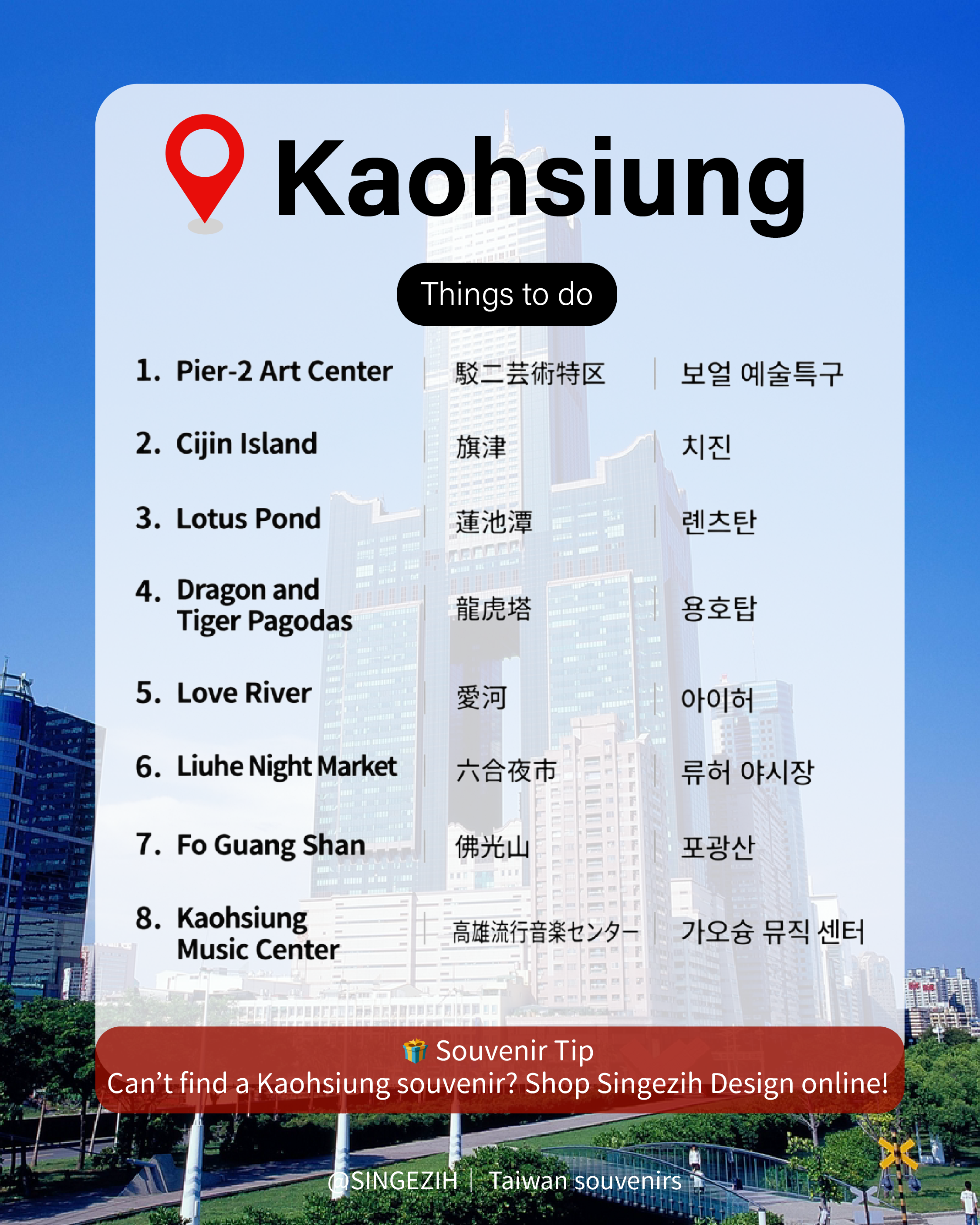 Best Things to Do in Kaohsiung | Top Kaohsiung Attractions Kaohsiung travel guide featuring Pier-2 Art Center, Cijin Island, Lotus Pond, Dragon and Tiger Pagodas, Love River, Liuhe Night Market, Fo Guang Shan and Kaohsiung Music Center.