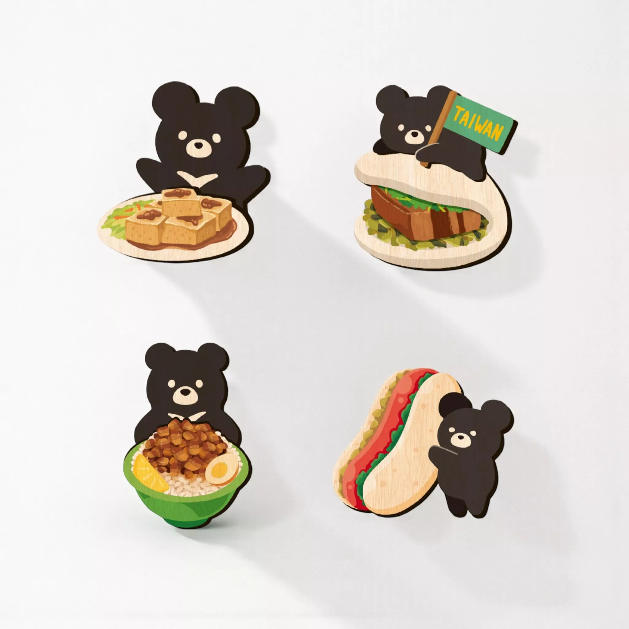 黑熊美食 – 迷你木冰箱貼｜Formosan Black Bear & Taiwan Food – Mini Wooden Magnet