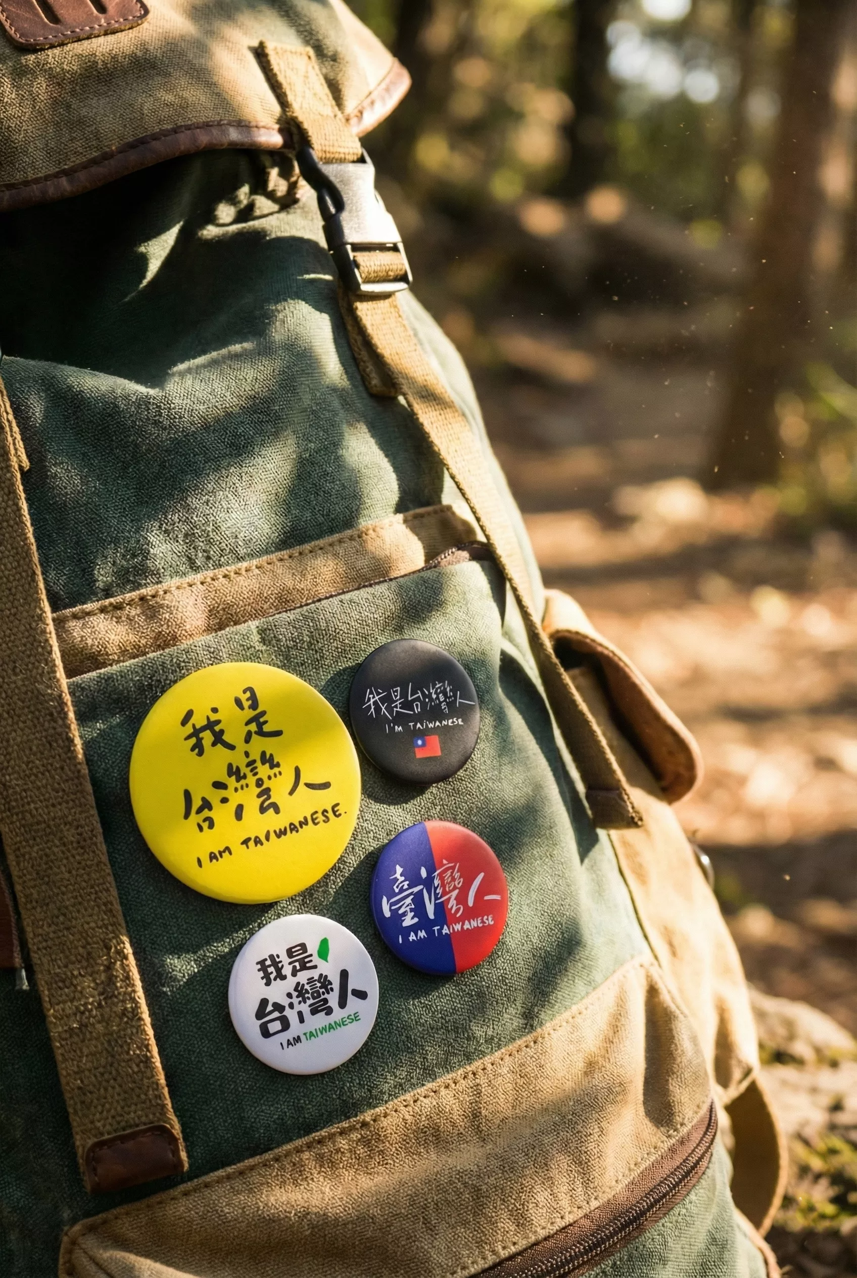 別在後背包上的可愛壓克力別針，印有 I am Taiwanese 字樣