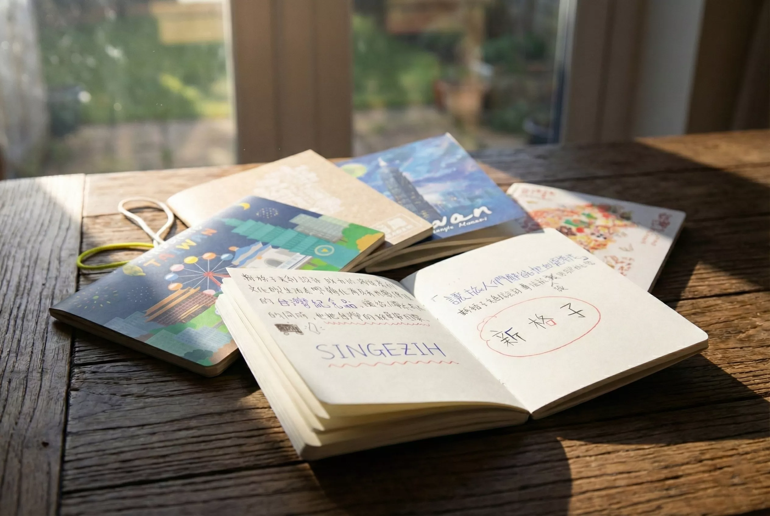 放在咖啡桌上的台灣旅行日記本，紀錄旅途回憶的最佳文青風伴手禮。是新格子文創設計的產品。