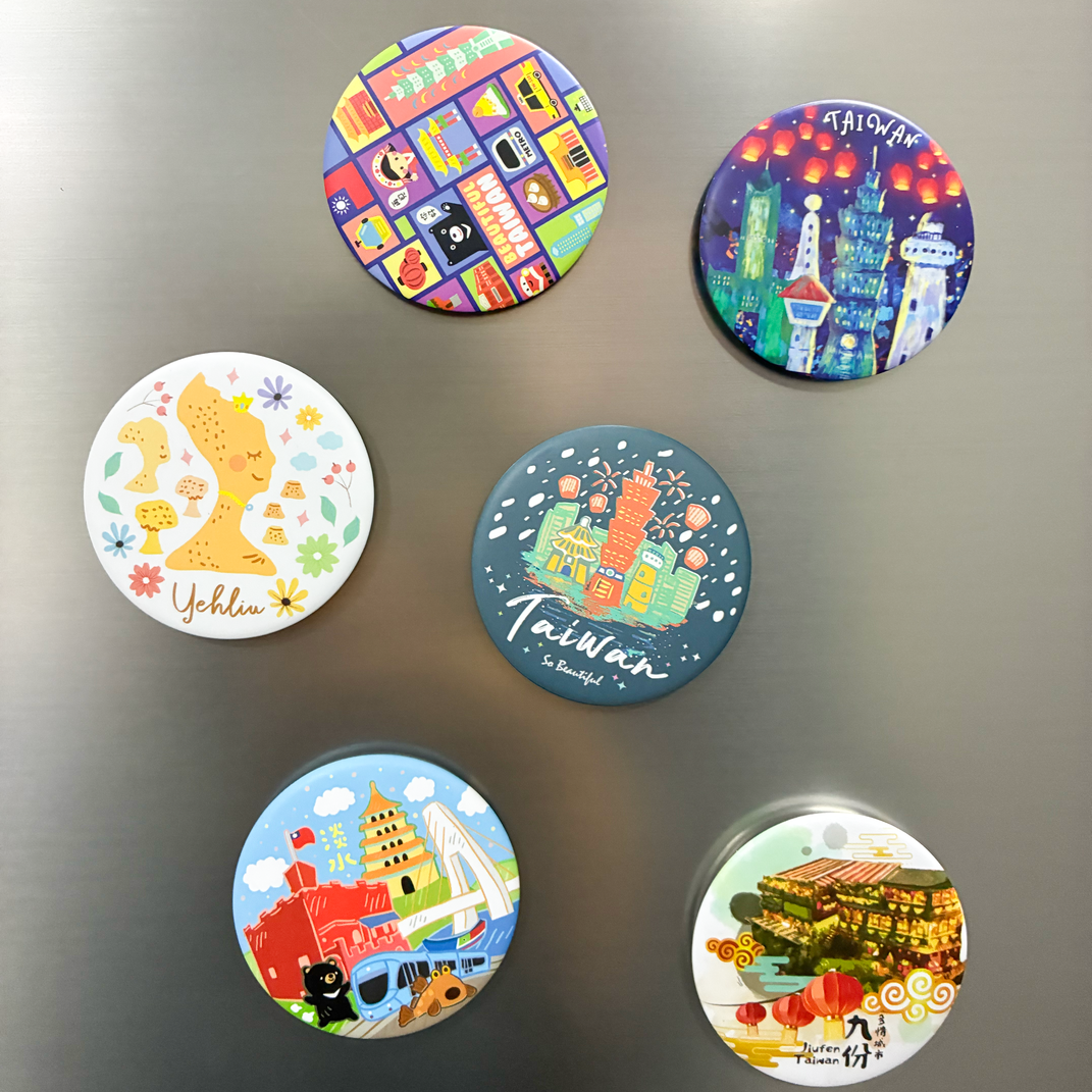 台灣景點圓形馬口鐵冰箱磁鐵 台灣文創商品 台灣旅遊紀念品 新格子文創設計