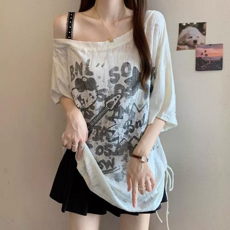 🔥夏季卡通印花露肩短袖T恤🌟