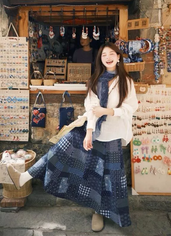 旅遊穿搭休閒度假防曬罩衫+小衆拼接印花半身裙套裝(配絲巾)