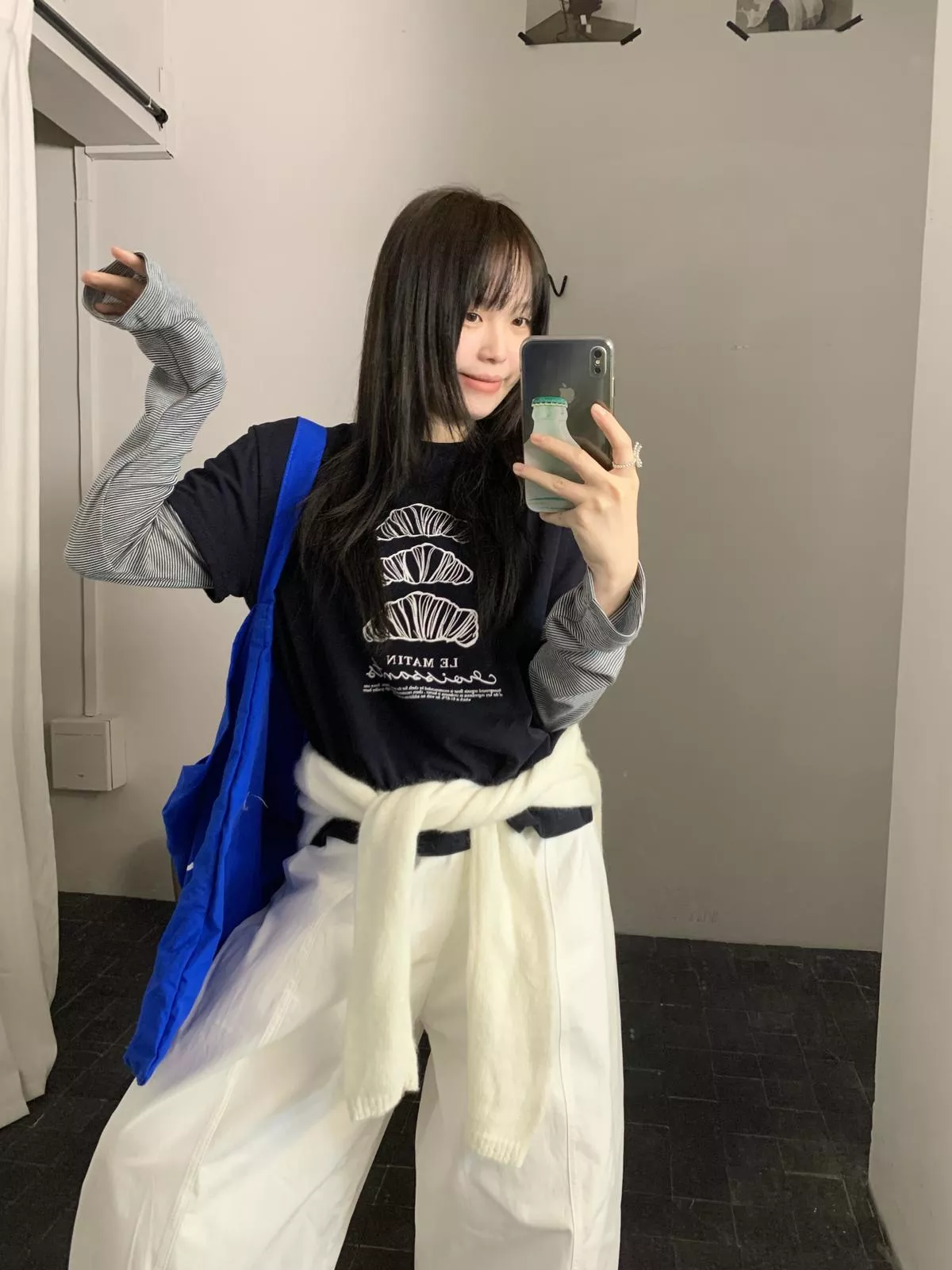 🔥百搭假兩件條紋寬鬆休閒印花圖案長袖上衣長袖T恤🌟