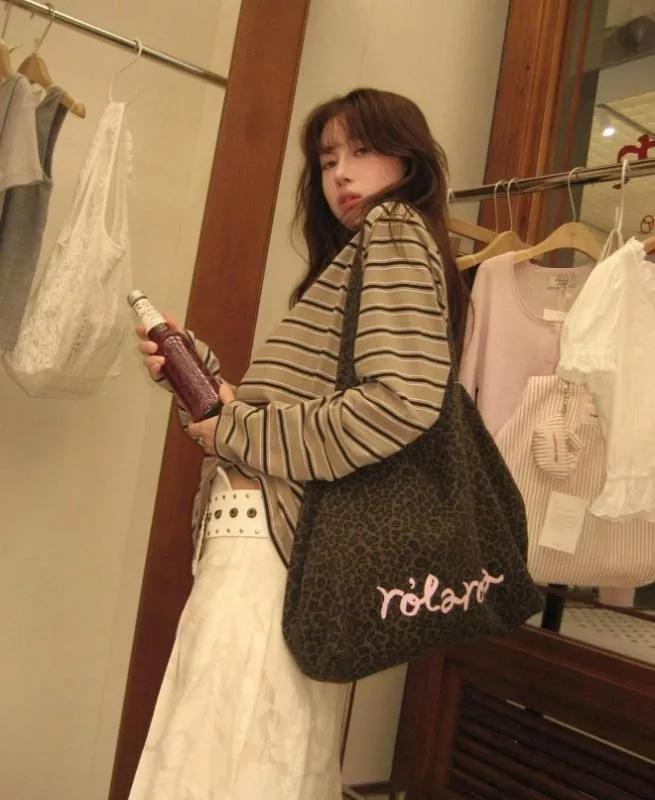 韓國RolaRola帆布包張員瑛同款大容量托特包豹紋帆布袋女百搭肩背包