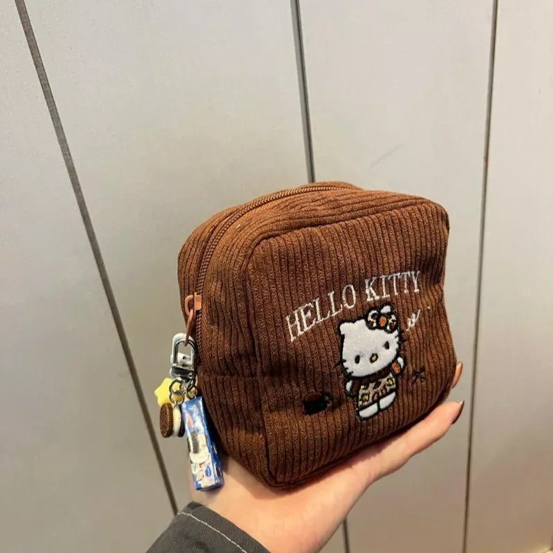 刺繡kitty燈芯絨化妝包 大容量收納小方包 可愛卡通口紅耳機收納包 隨身便攜女生化妝袋