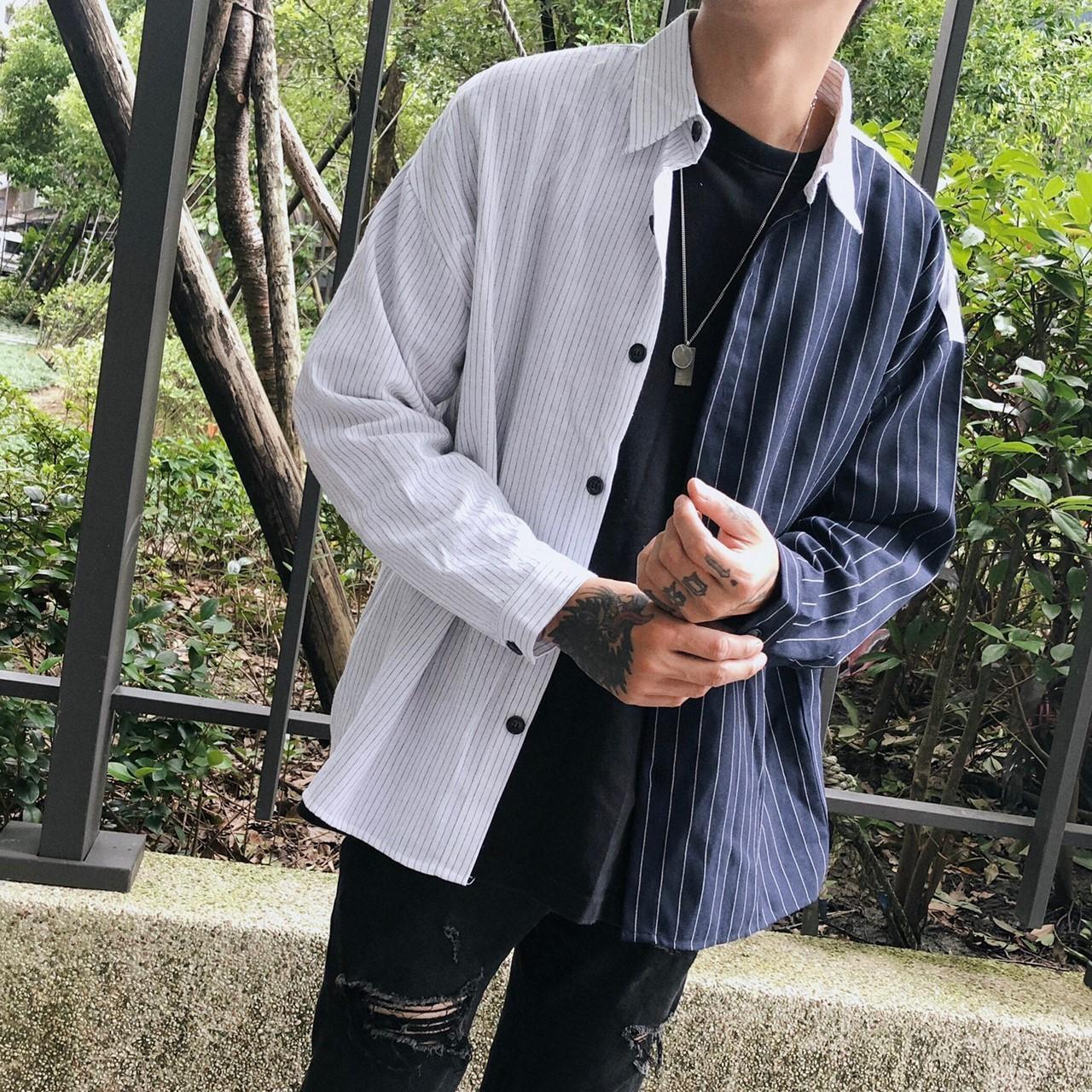 藍白拼接麻料直條紋襯衫