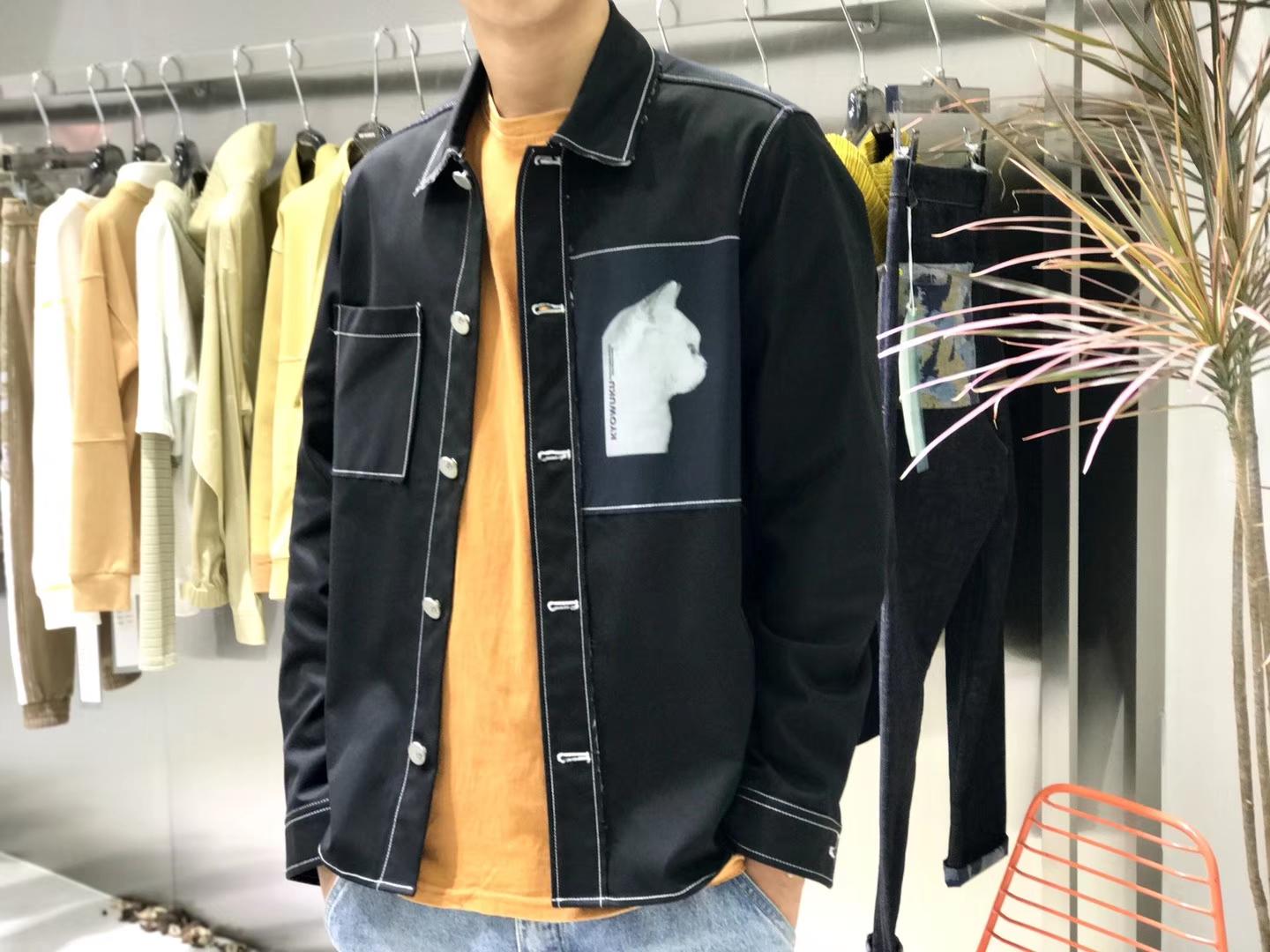 絨布拼接硬版黑貓襯衫
