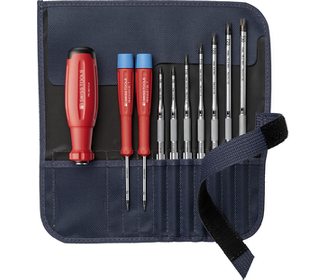 SwissGrip Evo screwdriver set with interchangeable blades in a compact, high-quality roll-up textile case