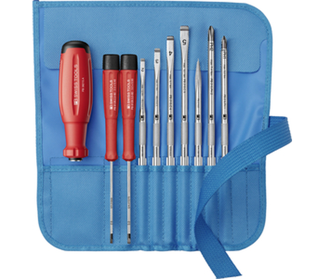 SwissGrip Evo screwdriver set with interchangeable blades in a compact, high-quality roll-up textile case