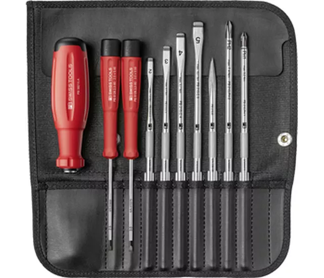 PB 38215  SwissGrip 手把 Evo 螺絲起子套組，搭配可替換刀桿，收納於精巧的仿皮革捲式工具袋中