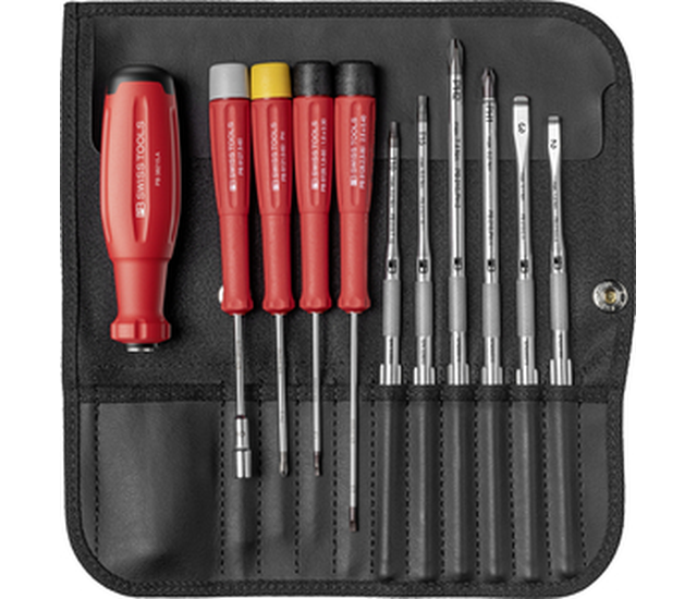 SwissGrip Evo screwdriver set with interchangeable blades in a compact imitation leather roll-up case