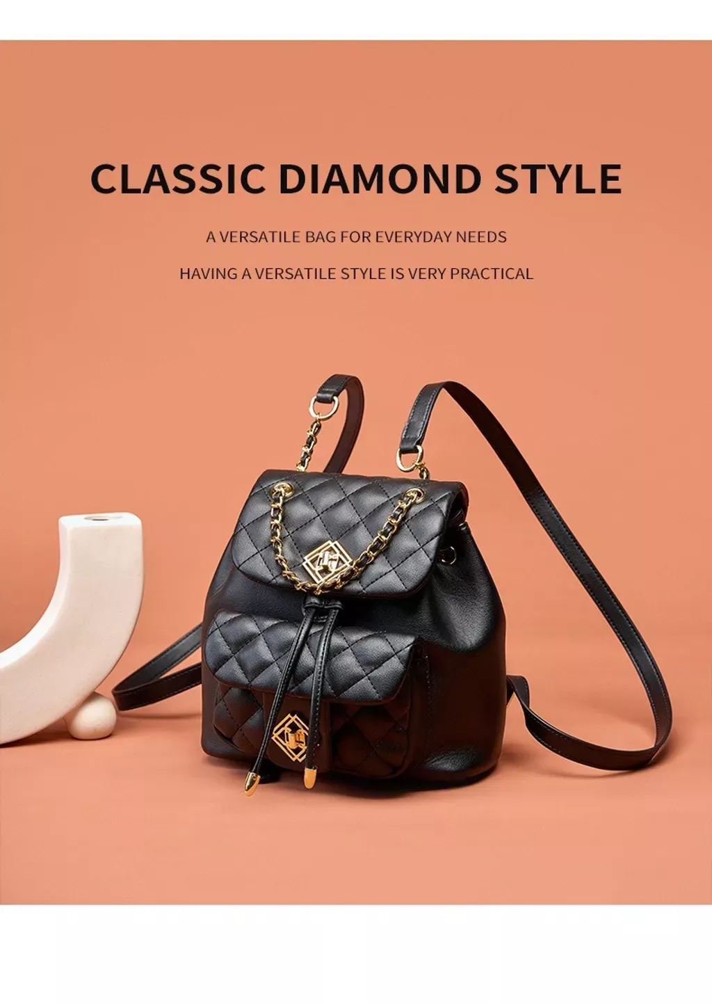 高級真皮菱格雙肩小背包