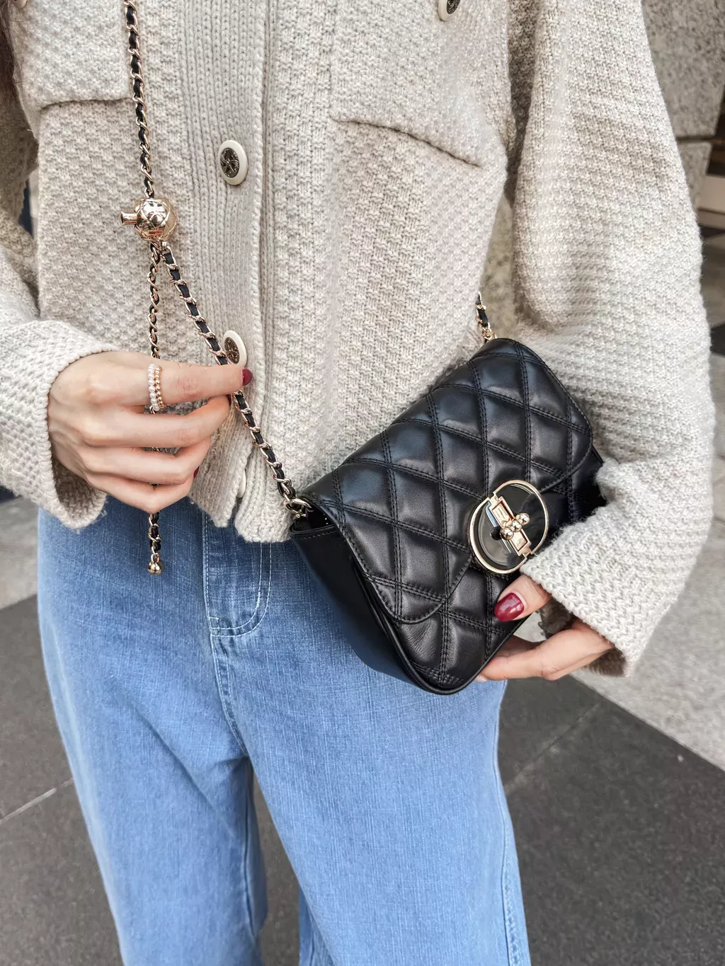 高級牛皮菱格鏈條小方包