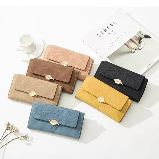 韓系拉壓扣扣樹葉紋絨面長夾