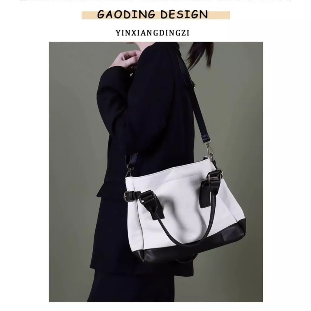 學院風拼色通勤ins簡約厚磅帆布包