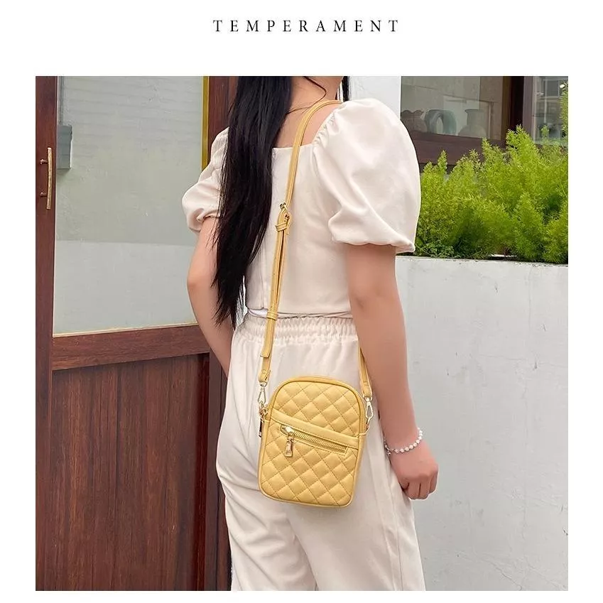 Kai Siqi 菱格單肩斜挎手機包(黃)