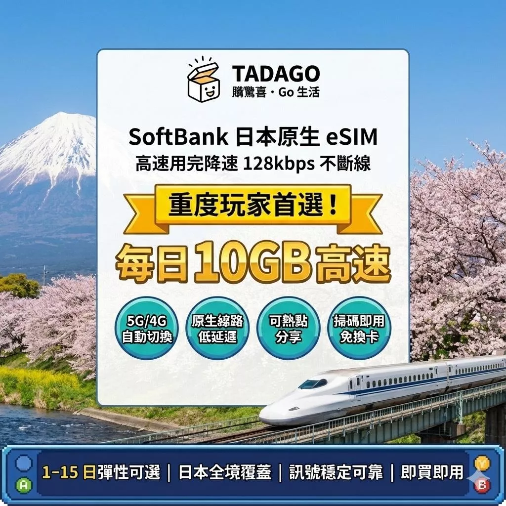 SoftBank 日本原生 eSIM｜每日 10GB 高速｜不限流量｜1–15 日