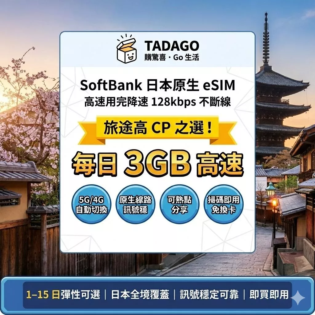 SoftBank 日本原生 eSIM｜每日 3GB 高速｜不限流量｜1–15 日