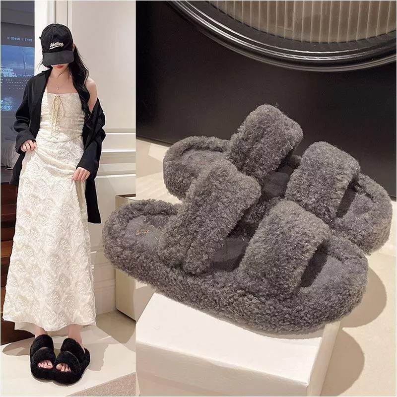 韓系時尚一字厚底毛毛拖鞋