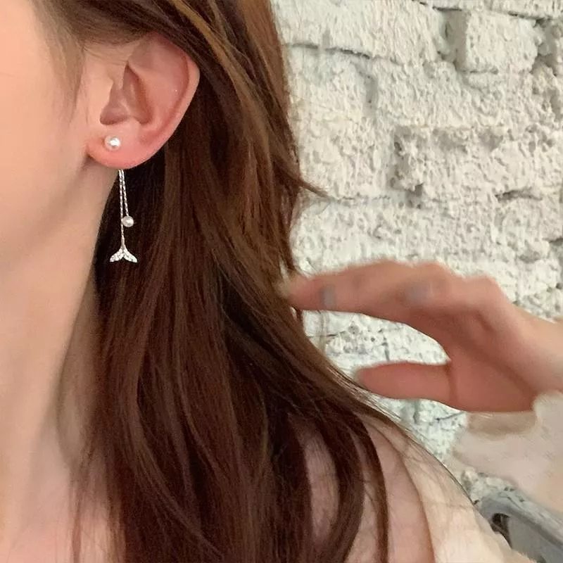 韓系氣質魚尾流蘇珍珠925銀針耳環