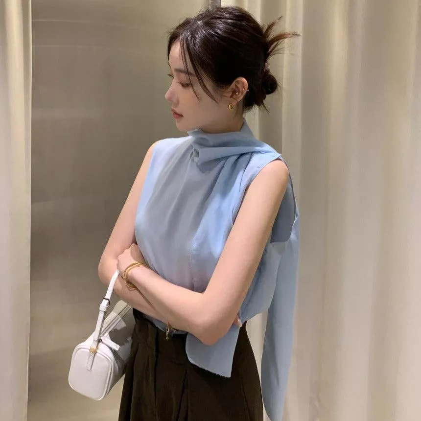 【F60378】現貨韓國夏季法式設計感飄帶雪紡上衣250512