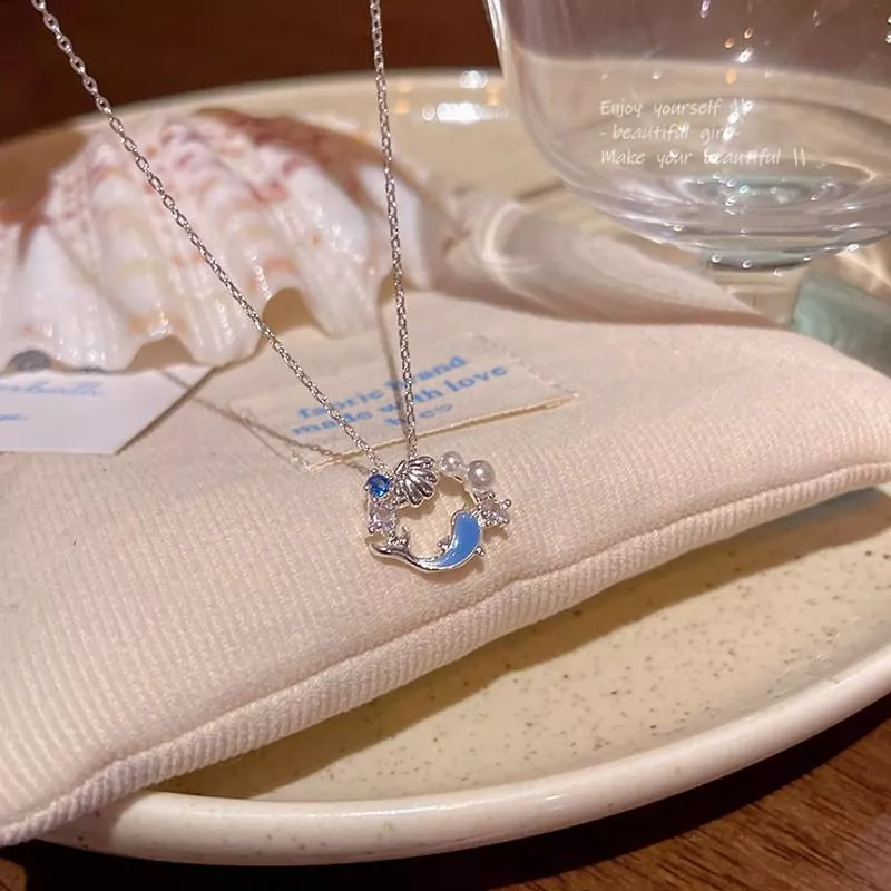 韓系海洋之心海豚鑲鑽珍珠鎖骨項鍊