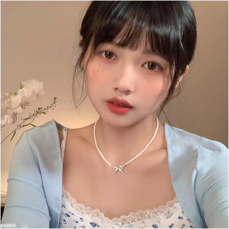 韓系氣質蝴蝶結鑲鑽形珠鎖骨項鍊