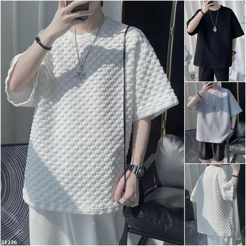 夏季男裝大碼華夫格格子短袖T恤