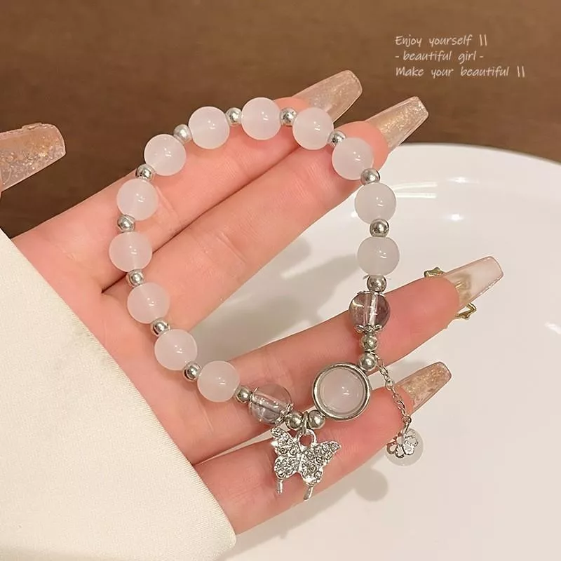 韓系氣質貓眼石串珠蝴蝶吊墜手鍊手飾