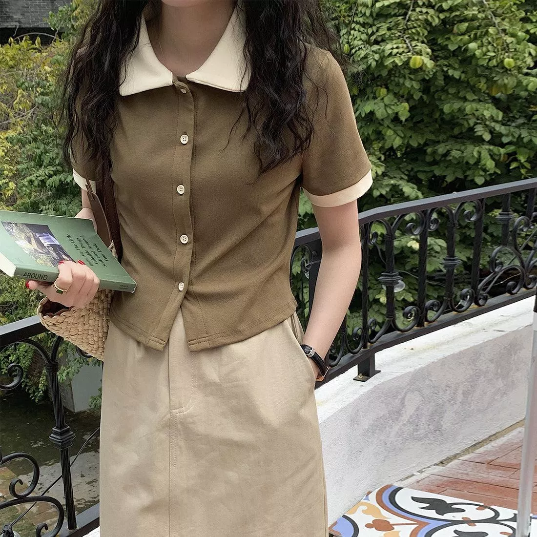 在台現貨【8497】實拍韓國Polo领氣質排扣短袖T恤