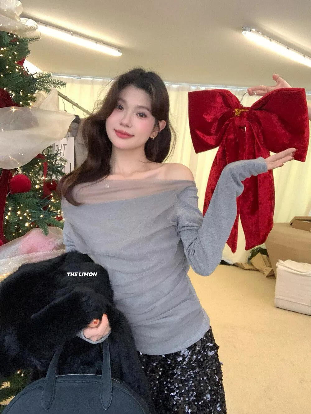 在台現貨【LTM9390】實拍早春絕美一字肩仙氣網紗針織衫250128