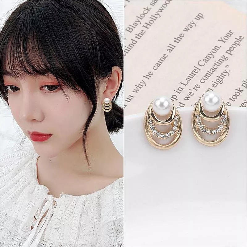 韓系氣質三層珍珠鑲鑽925銀針耳環