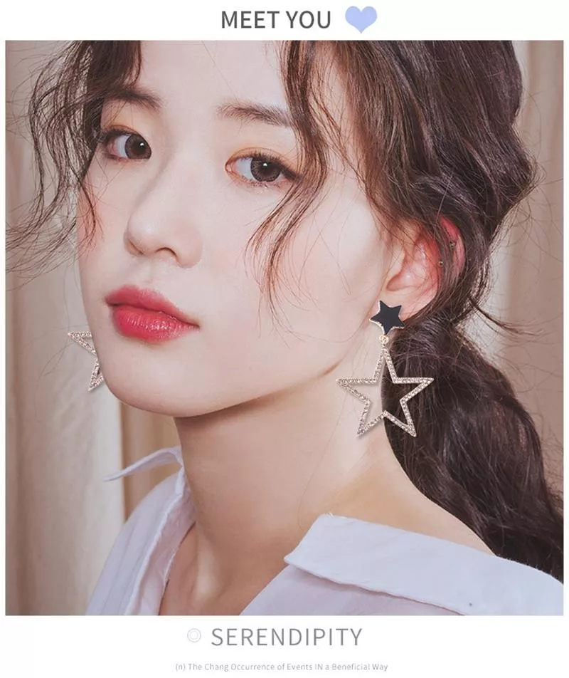 韓系氣質鏤空五角星鑲鑽925銀針耳環