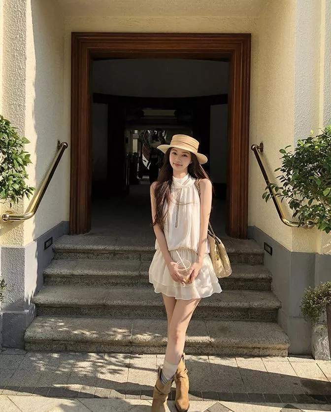 【C8973】海邊度假巨好看蕾絲氣質裙子+打底體閒短褲兩件套裝