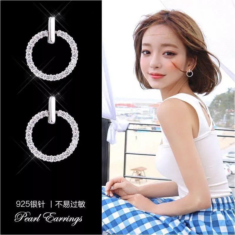 M35-89037 韓系氣質鑲鑽圓形925銀針耳環