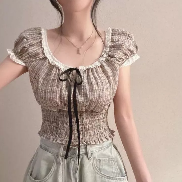 ONE DAY 春裝預購    ———抽繩格紋拼蕾絲縮腰衣  