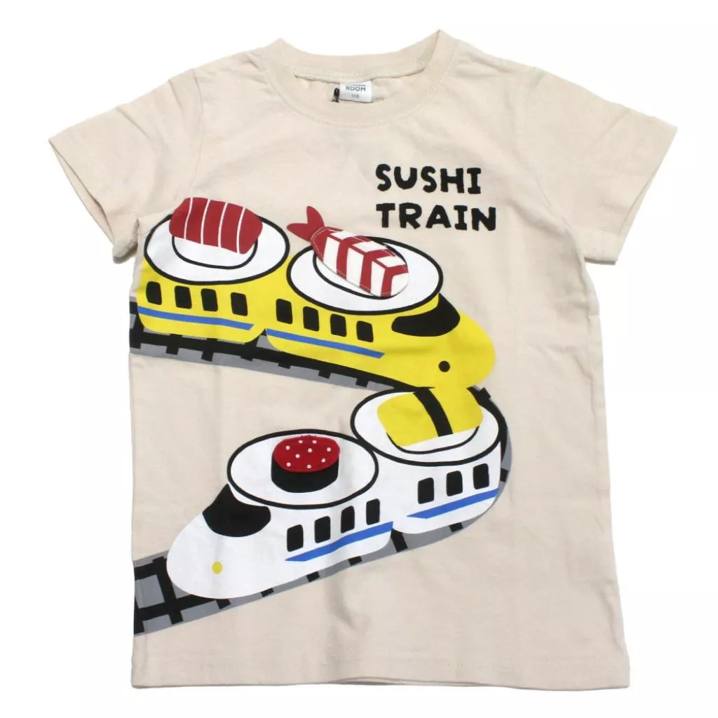 【CHEEK ROOM チークルーム】知育玩具｜新幹線お寿司｜短袖T恤｜兒童上衣｜壽司列車系列｜（米白色／アイボリー）